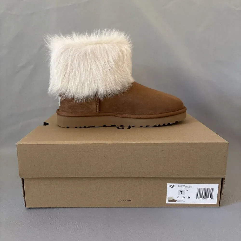 UGG Chestnut Suede Ankle Booties with Ivory Fur Cuff - Picture 10 of 12